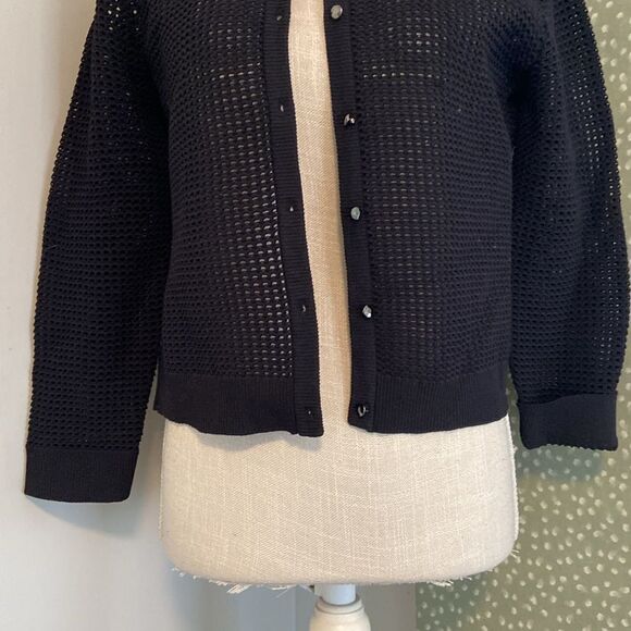 Milly Black Crochet Knit Cropped 3/4 Sleeve Lightweight Cardigan Size Medium - Picture 3 of 8